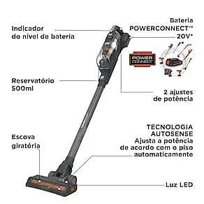 Aspirador de Pó Vertical e Portátil Sem Fio Black+Decker BHFEA18D1-BR 20V Preto e Cinza Bivolt