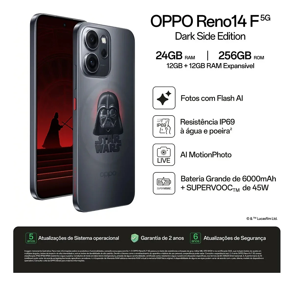 Smartphone OPPO Reno 14F 5G Dark Side 256GB 24GB RAM (12GB + 12GB RAM Virtual ) Bateria 6000 mAh Câmera AI 50MP NFC IP69 Preto