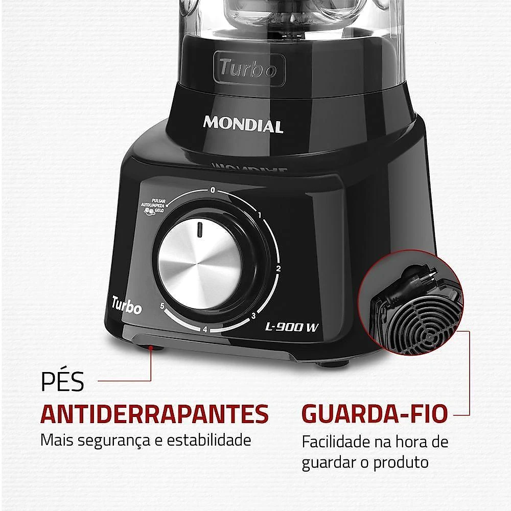Liquidificador Mondial Turbo Full L-900 FB 900W 2,7L Filtro Inox 5 Velocidades Preto 220V