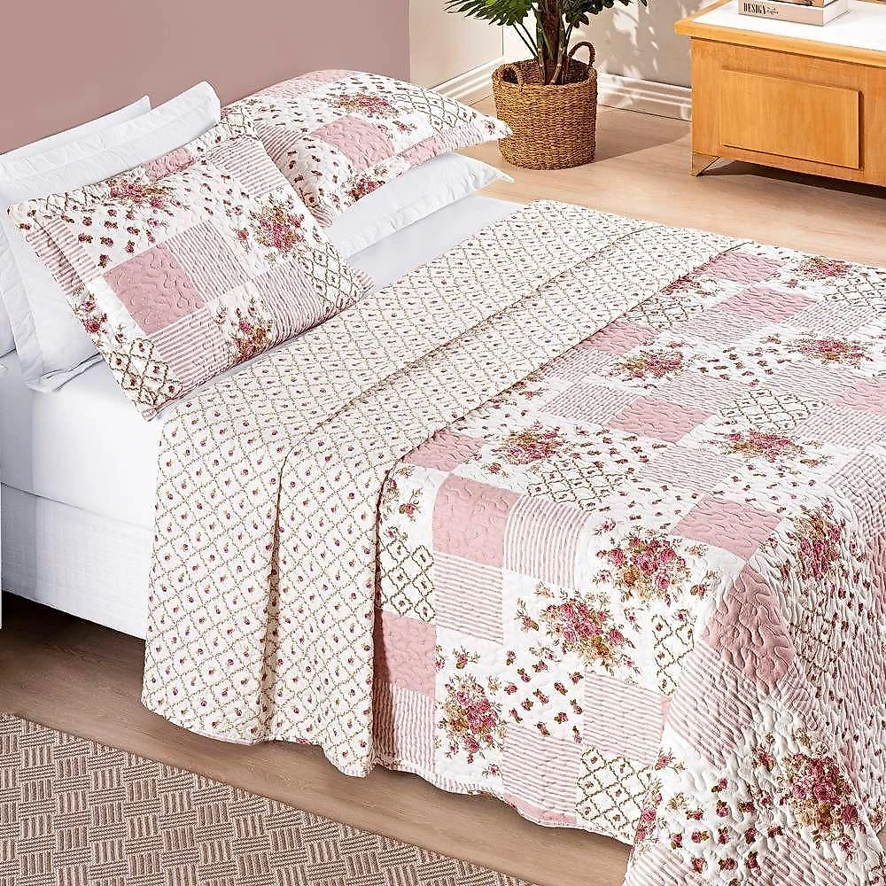 Colcha + Jogo De Cama Bouti Estampado King 06 Peças 100% Poliéster - Rosa Matura