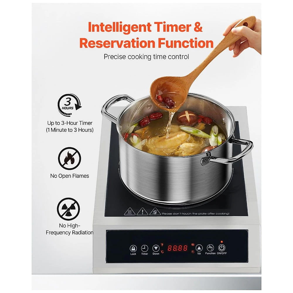 Cooktop de Indução Portátil VEVOR K1004 Preto 1800W 9 Níveis Timer 3H Trava de Segurança 110V
