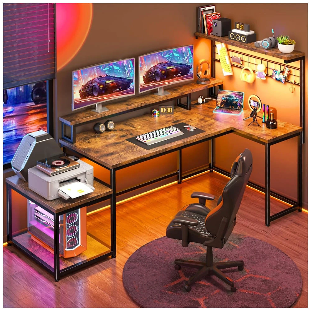 Mesa Gamer em L EnHomee 160 cm com Luzes LED e Tomadas Elétricas, Design Reversível com Prateleiras de Armazenamento e Ganchos, Suporte para Monitor
