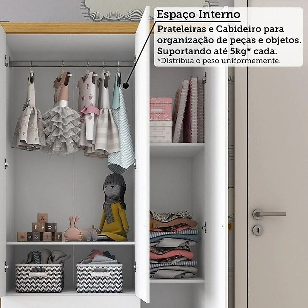 Quarto de Bebê com Berço Minicama e Guarda-roupa 3 Portas 100% MDF Nina Espresso Móveis Branco Brilho/Amêndoa