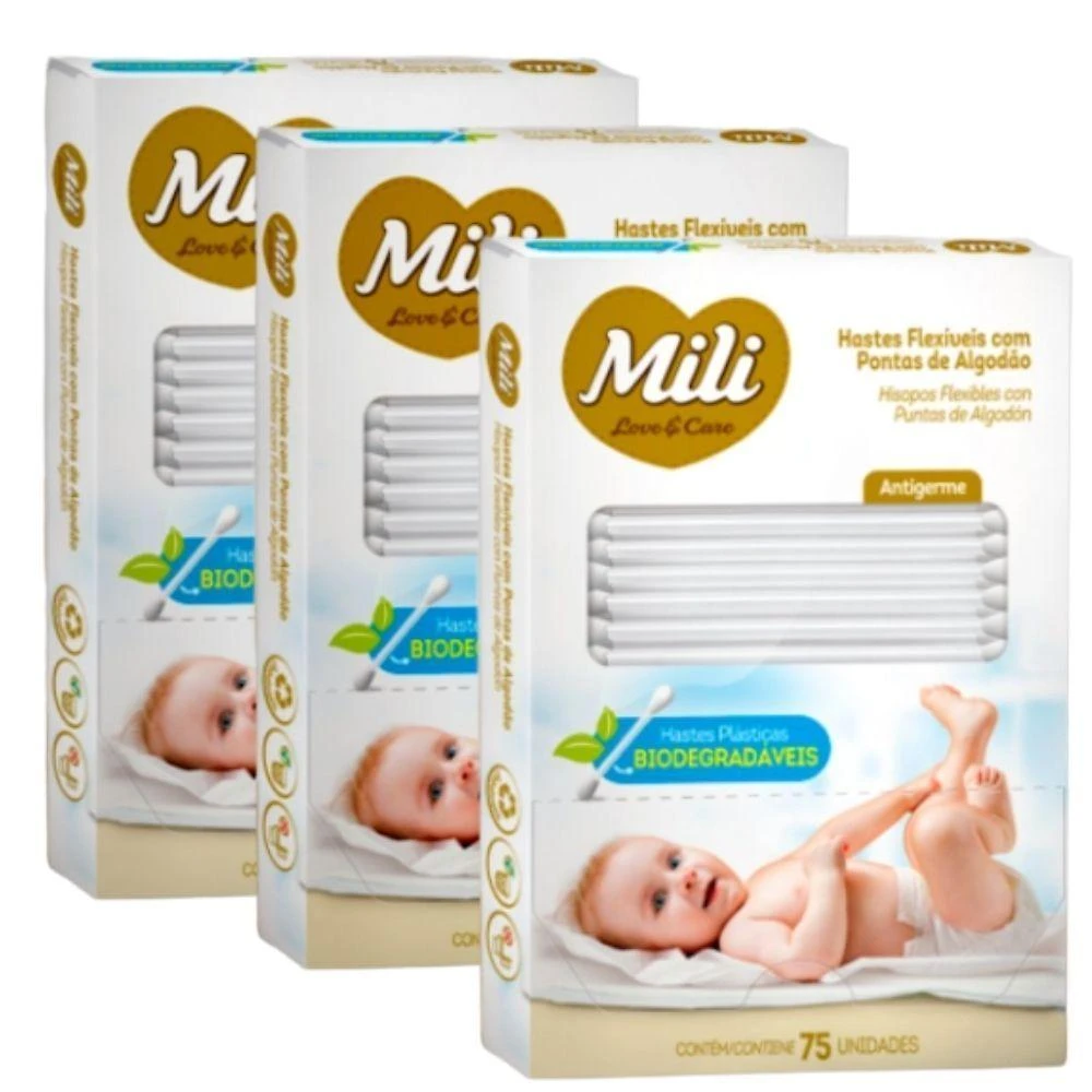Cotonete Love & Care Biodegradavel 3 Caixas com 75 Hastes Flexiveis Total 225 Unidades Mili