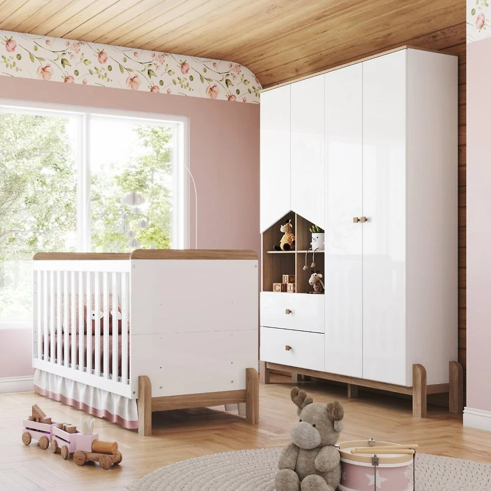 Conjunto Quarto de Bebê Berço 2 em 1 e Guarda-Roupa Yuri