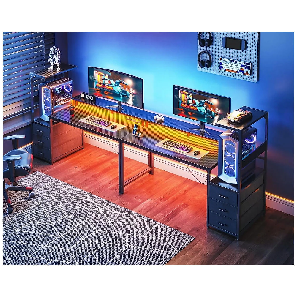 Mesa Gamer Reversível AODK 150 cm Fibra de Carbono Preto com Luzes LED, Tomadas USB, 3 Gavetas de Tecido e Suporte para Monitor,