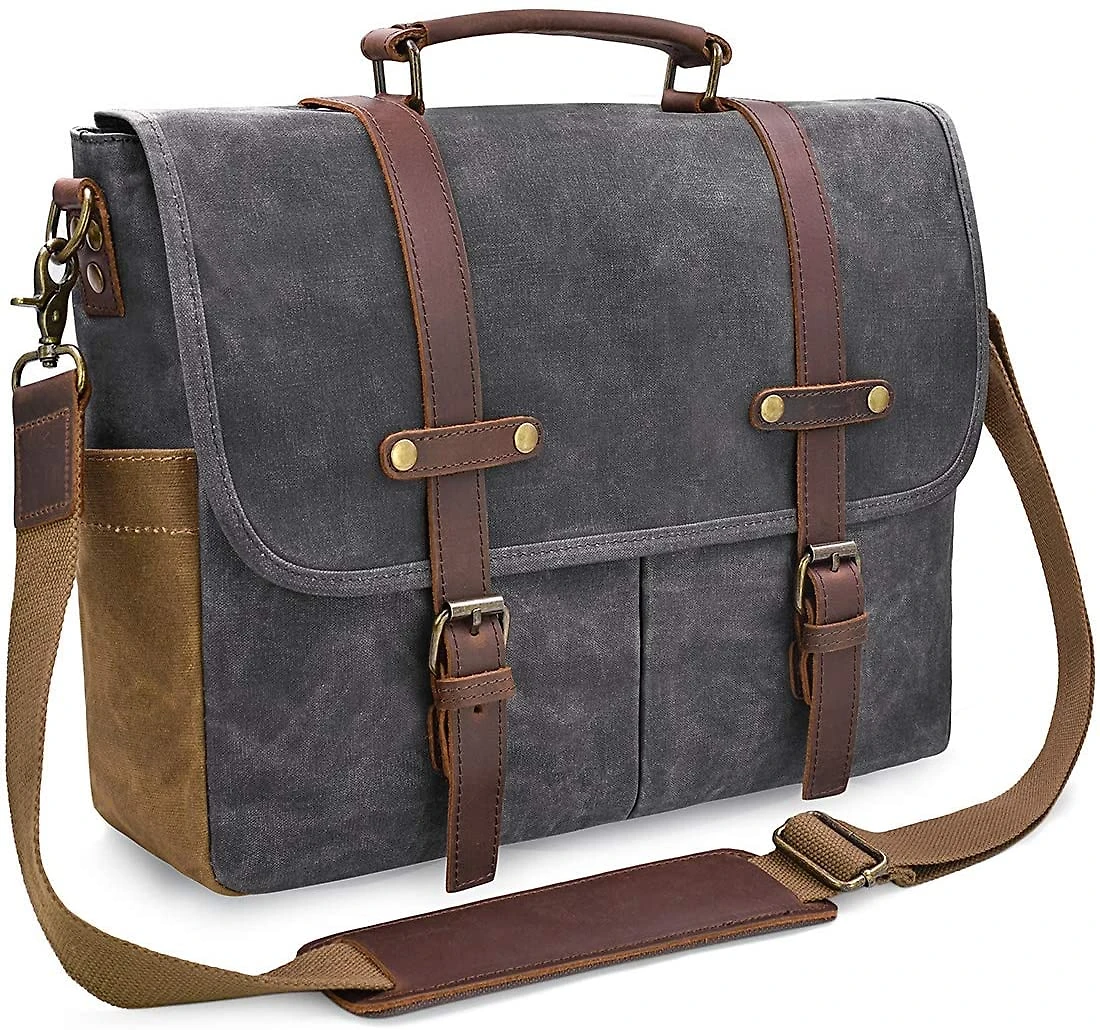 NEWHEY Bolsa de Couro Genuíno Vintage para LaptopCinza