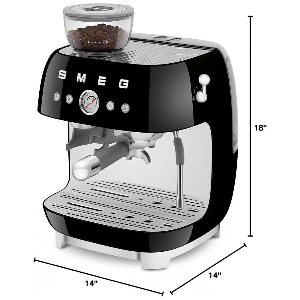 Máquina de espresso semi‑automática Smeg preta retrô com moedor integrado, duplo termobloco, porta‑filtro 58 mm e reservatório 2,4L, 110V