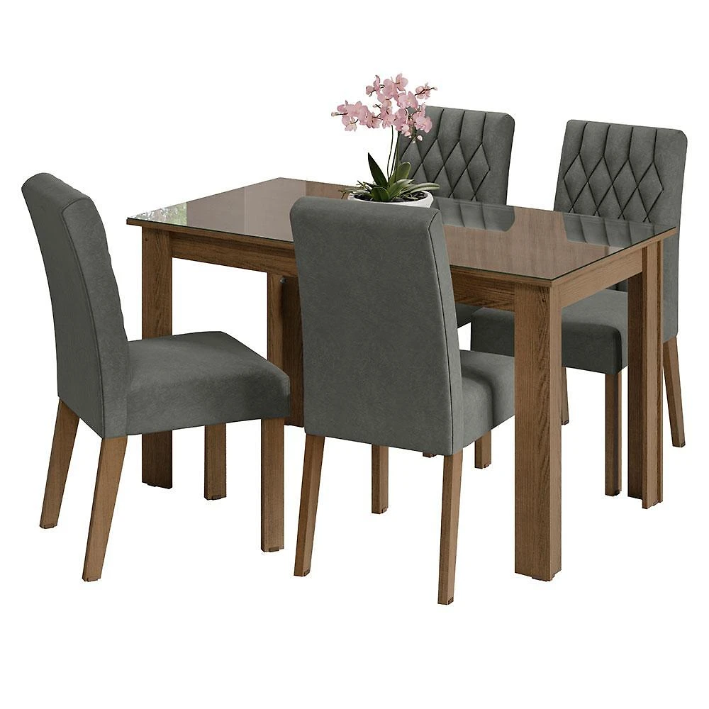 Conjunto sala de jantar mesa tampo de vidro 4 cadeiras rustic/silver celina madesa