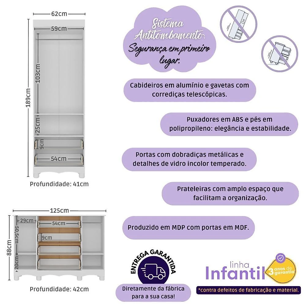 Quarto De Bebê Completo Com Berço 3 Em 1 Com Colchão Incluso Aurora Multimóveis MP4580 Branco