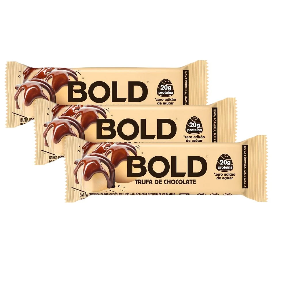 Kit 3 Barra de Proteína Bold Sabor Trufa de Chocolate 20g de Proteína Zero Açúcar com 60g
