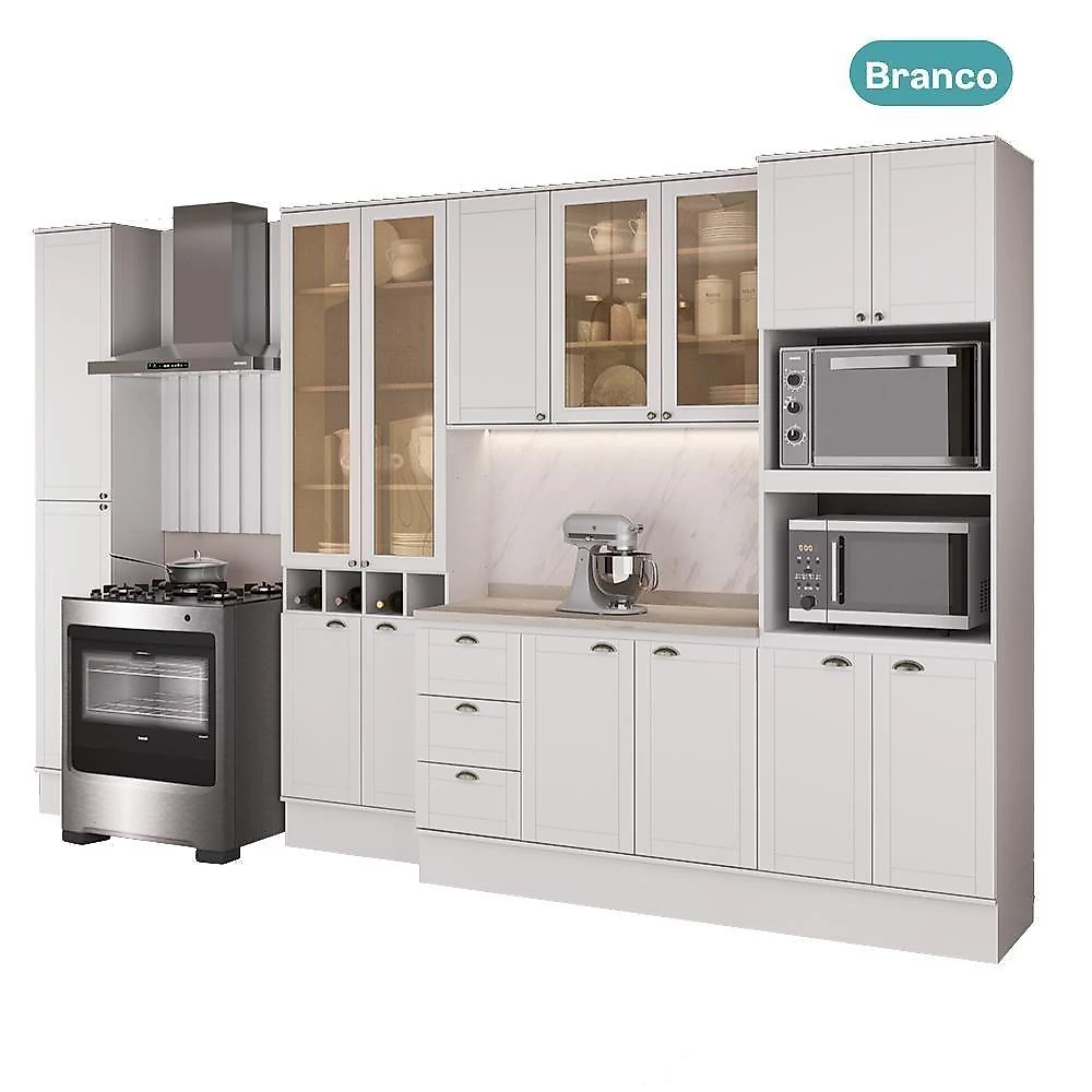 Cozinha Milla Cora Flow 15 Portas 3 Gavetas MDF 360CM Branco Móveis Carraro