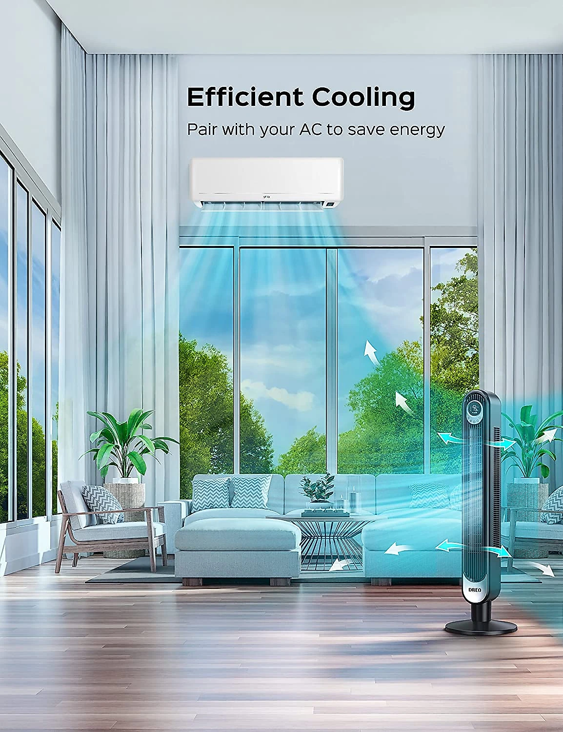 Dreo Ventilador em Torre cControle Remoto e Display de LED 6 Velocidades Preto