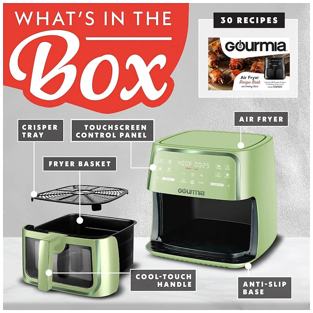Fritadeira Elétrica Air Fryer Gourmia Verde 7,6L Janela com Luz 8 Programas FryForce 360 1700W 110V