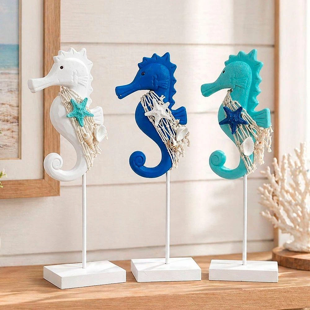 Kit 3 Enfeites Cavalo Marinho em Madeira 30cm Azul Turquesa e Branco