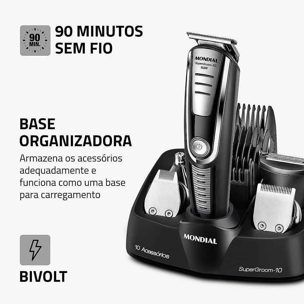 Aparador De Pelos Super Groom 10 Mondial Preto/Prata 6W BG-06 Bivolt