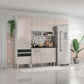 Miniatura Armário de Cozinha Compacta Bartira Jaspe com 6 Portas, 3 Gavetas e 6 Prateleiras - 260,4cm de largura Branco/Cinza