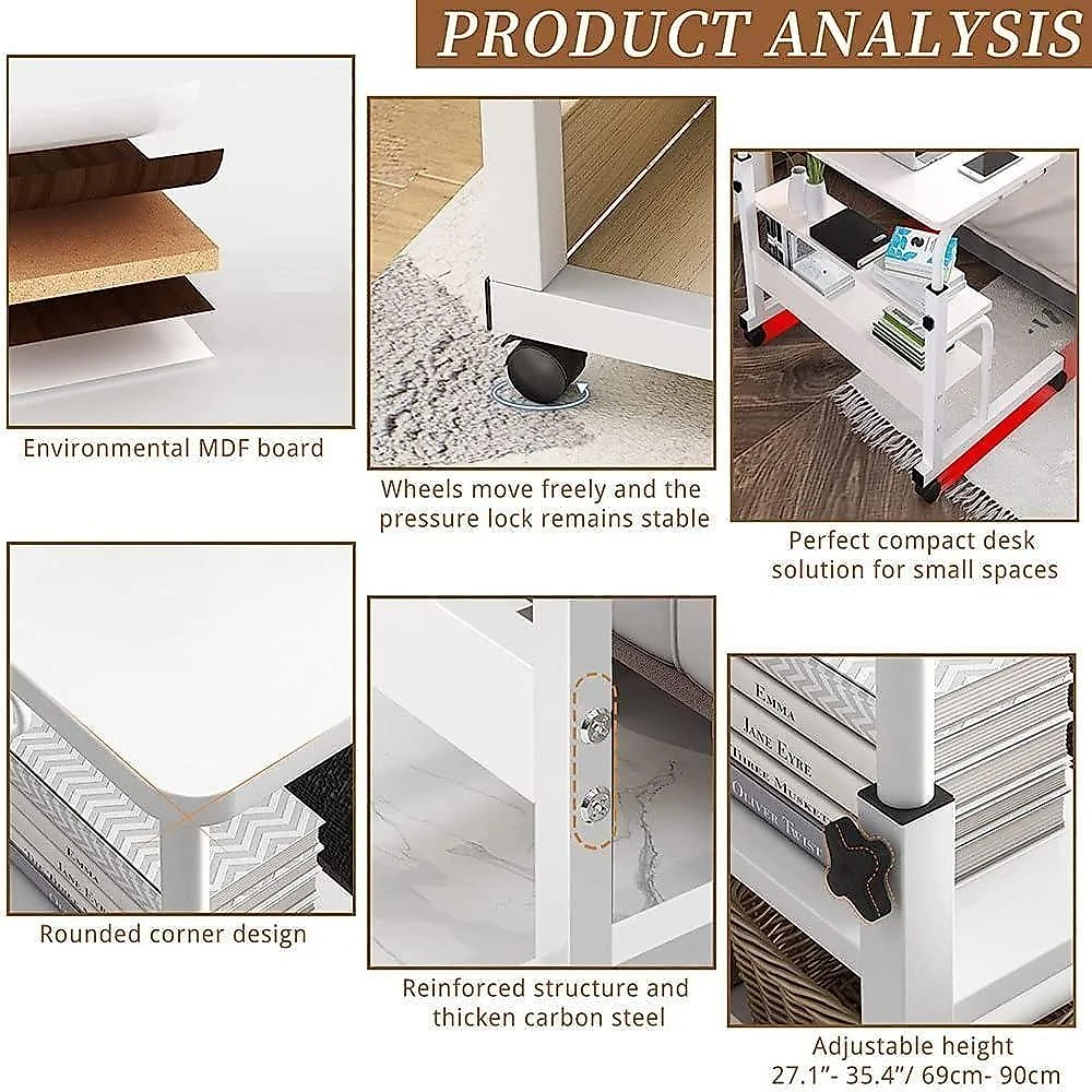 Mesa Notebook Ajustavel 2 Prateleiras Escrivaninha Mesinha Rodinhas Multiuso Estudos Home Office Marfim