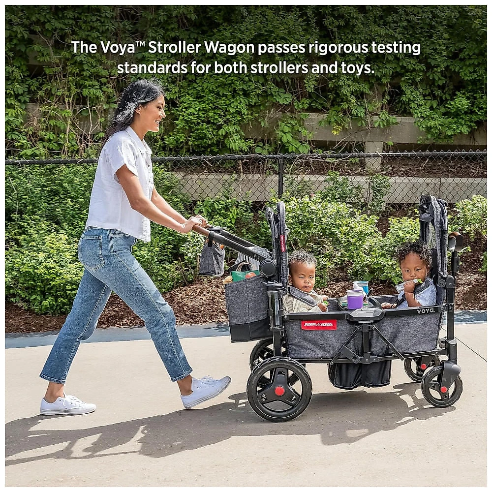 Carrinho de Passeio Vagão Duplo com 2 Assentos Altos e Dossel UV Ajustável, Radio Flyer Voya, Cinza 110v
