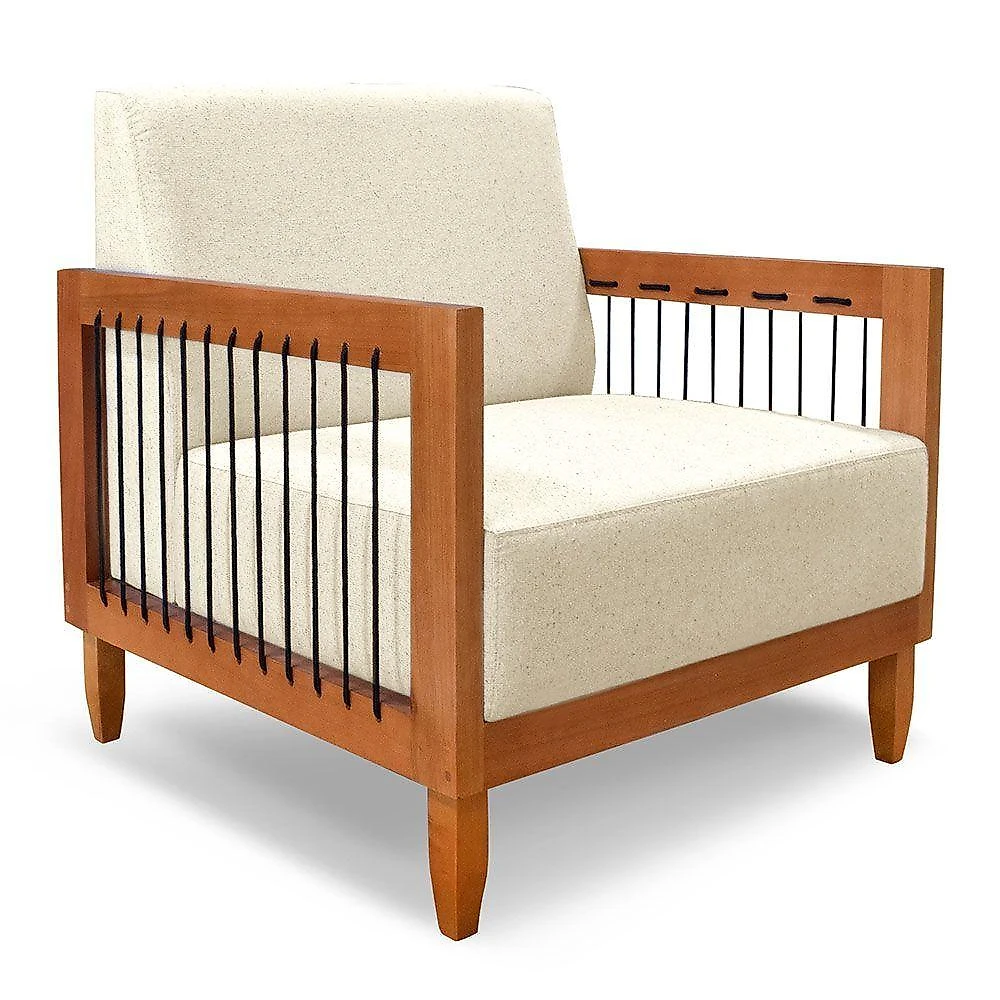 Kit 2 Poltronas Decorativa Marilia Linho Bege Base Em Madeira Castanho - Pallazio