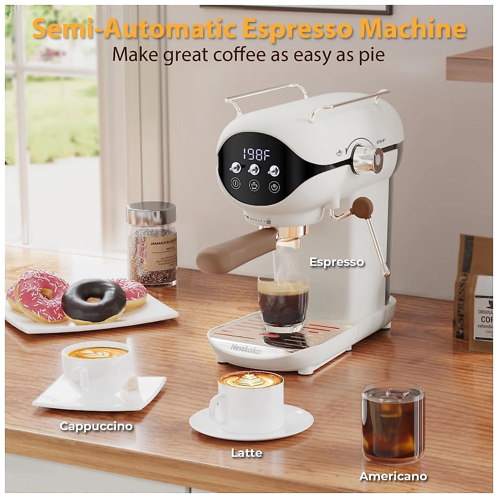 Nesskoko Máquina de Espresso Semi Automática Compacta 20 Bar com Vaporizador de Leite, Branca