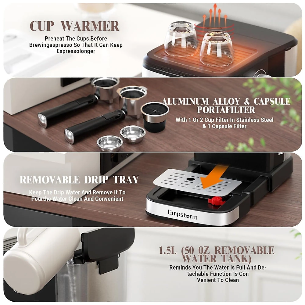 Máquina de Café Expresso 20 Bar para Cápsulas ou Café Moído, com Vaporizador de Leite, 110V 850W, Empstorm, Preta 110v