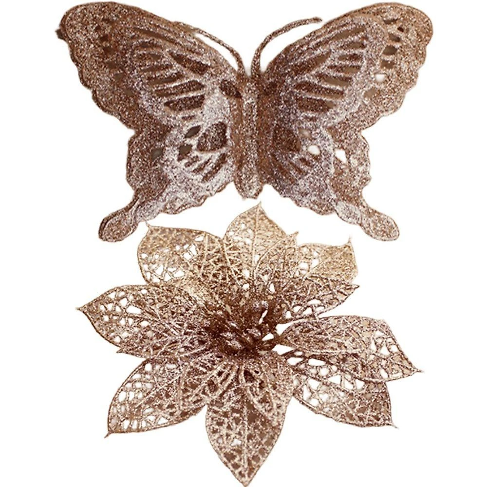 Kit 5 Pendente Flores Borboleta Rose Gold Enfeite Natalino