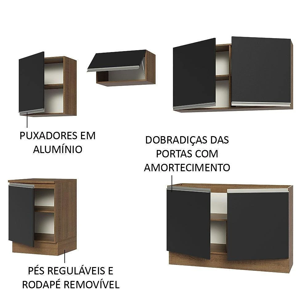 Armário De Cozinha 240Cm Rustic/Preto Glamy 09 Rustic/Preto