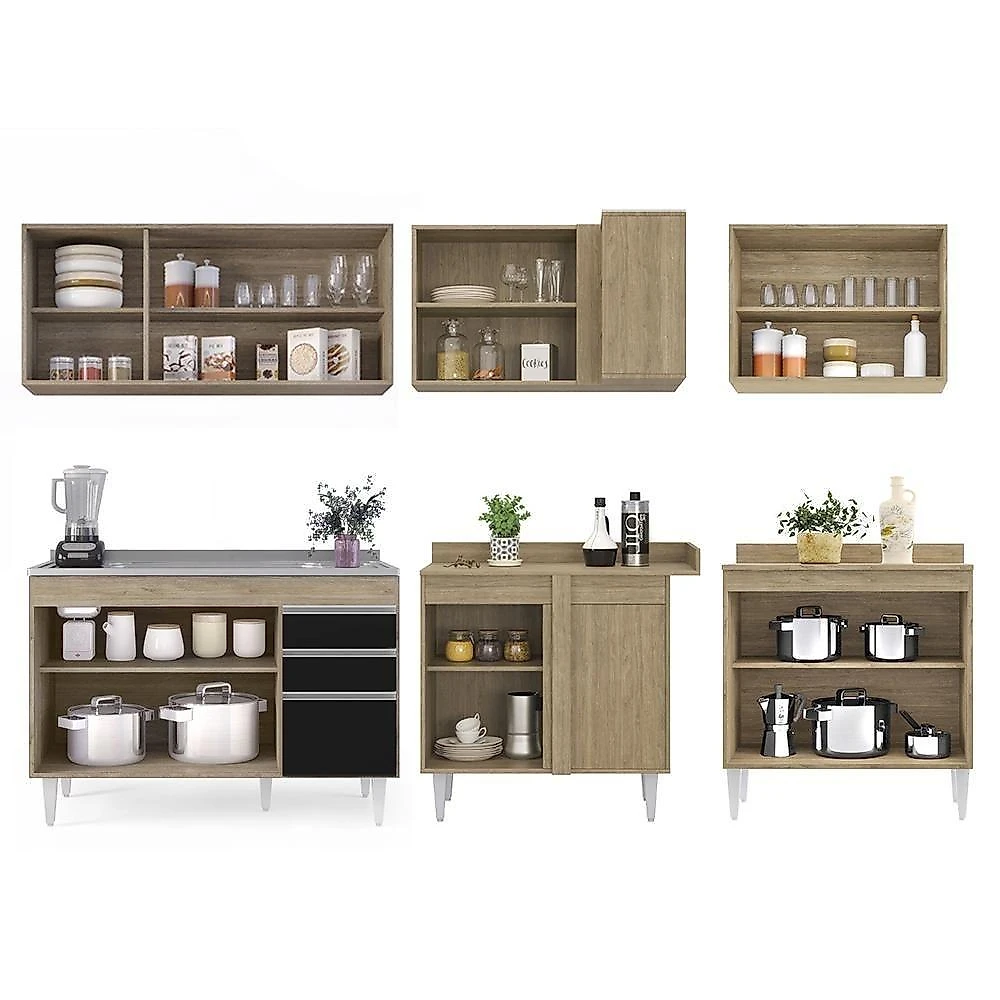 Armário De Cozinha Modulado De Canto 6 Peças Cp30 Com Pia Inox Castanho/preto - Lumil