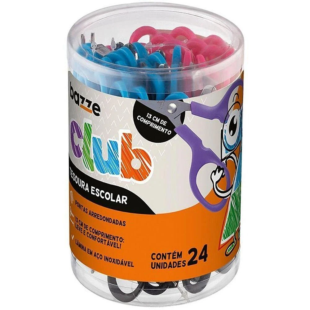 Tesoura Escolar Summit Bazze Club 13cm Pote 24 Unidades Roxo e Rosa e Azul e Preto