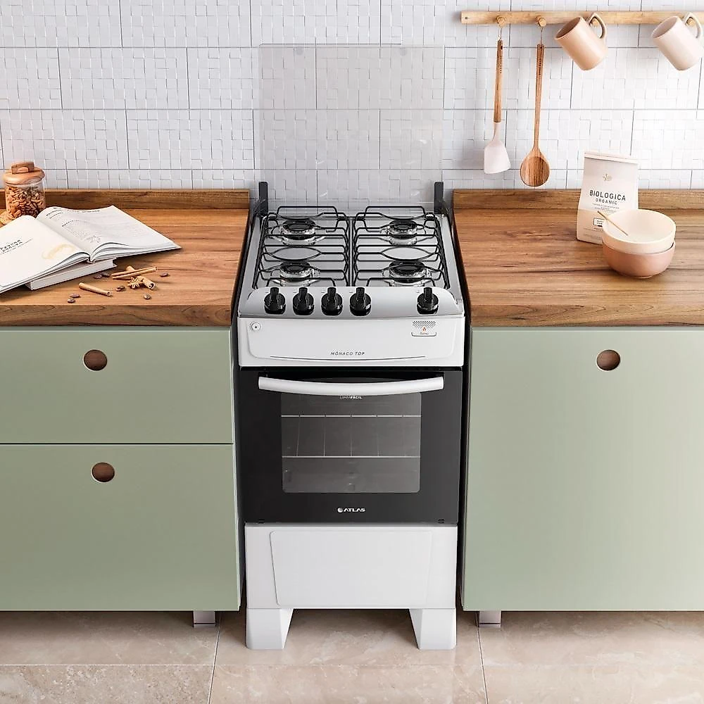 Fogão de Piso 4 Bocas a Gás Atlas Mônaco Top Mesa de Inox Automático Branco Bivolt