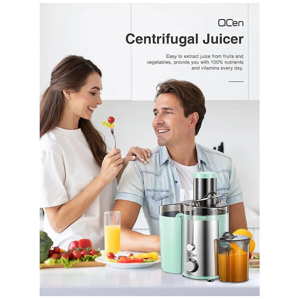 Extrator de Sucos QCen, 800W Centrífugo com Boca Larga de 3 Alimentações para Frutas e Vegetais, Fácil de Limpar, Aço Inoxidável, Livre de BPA Aqua