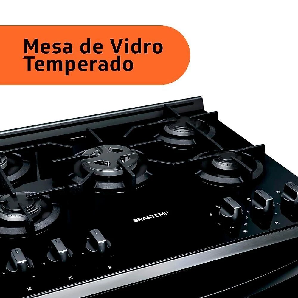 Fogão Brastemp 5 Bocas Mesa De Vidro E Turbo Chama Preto Bfs5vce - Bivolt