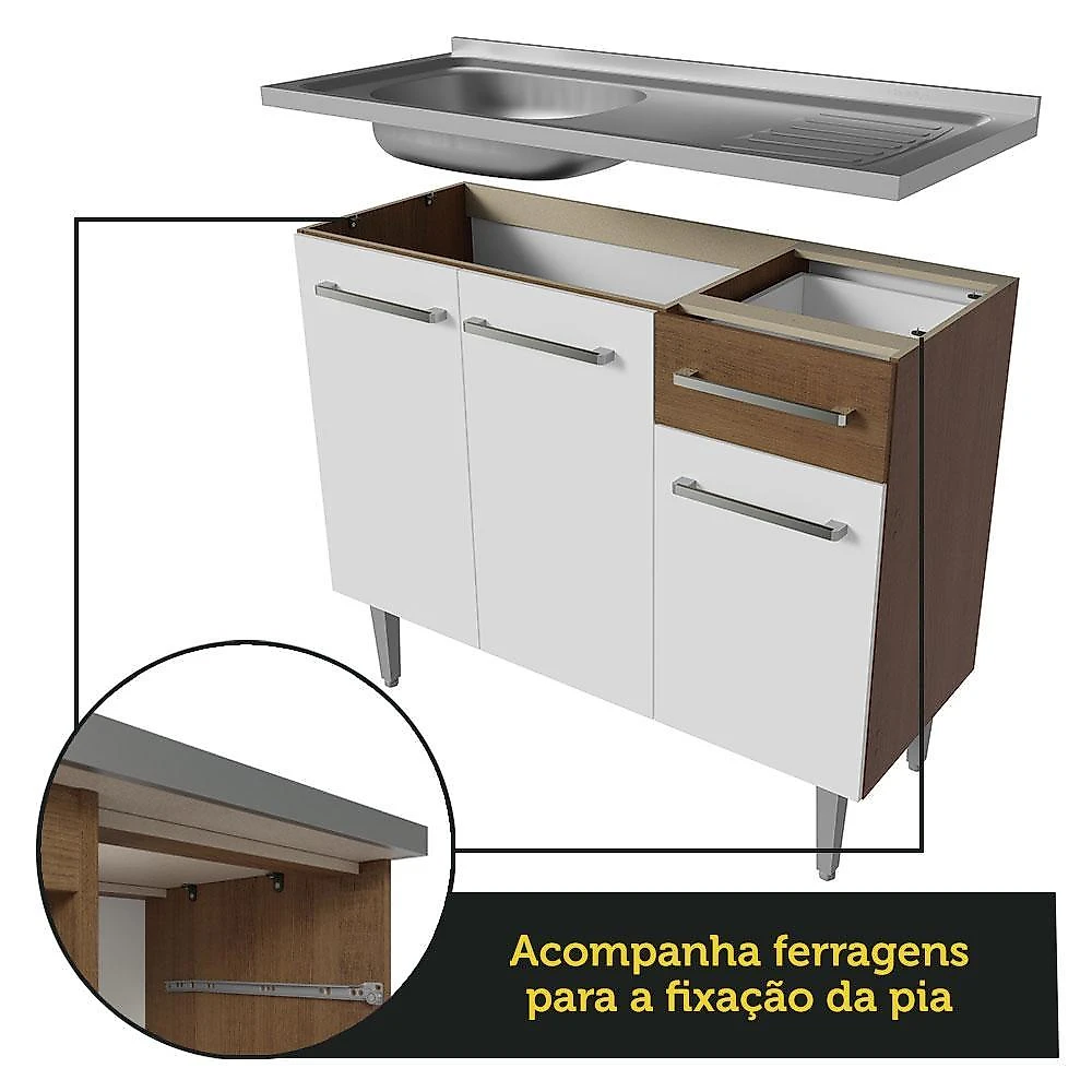 Armário de cozinha compacta 229cm com pia rustic/branco emilly madesa 12
