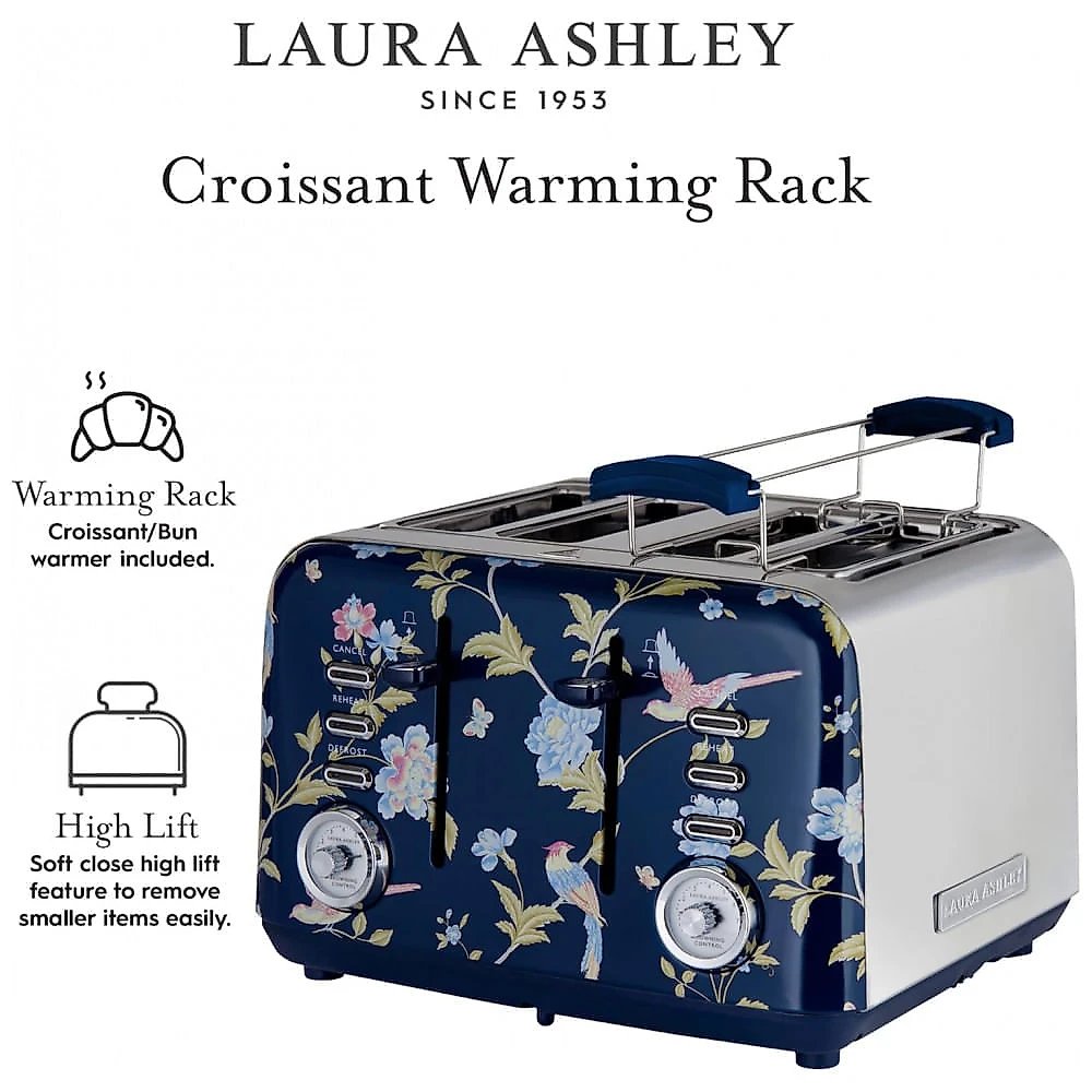 Torradeira 4 Fatias em Aço Inox Laura Ashley Azul Marinho com estampa floral Elveden, Slots Largos, 7 Níveis, Funções Descongelar, Reaquecer