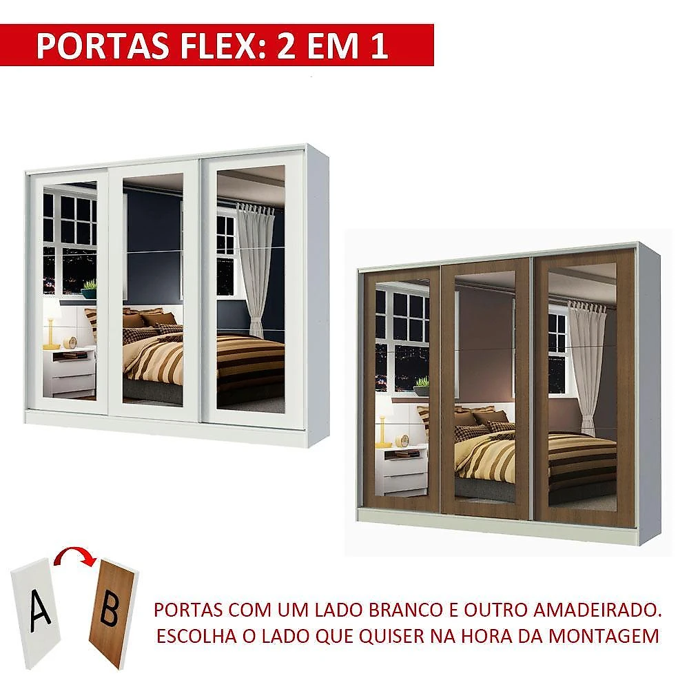 Guarda-roupa casal 100% mdf madesa eros 3 portas de correr de espelho - branco/rustic