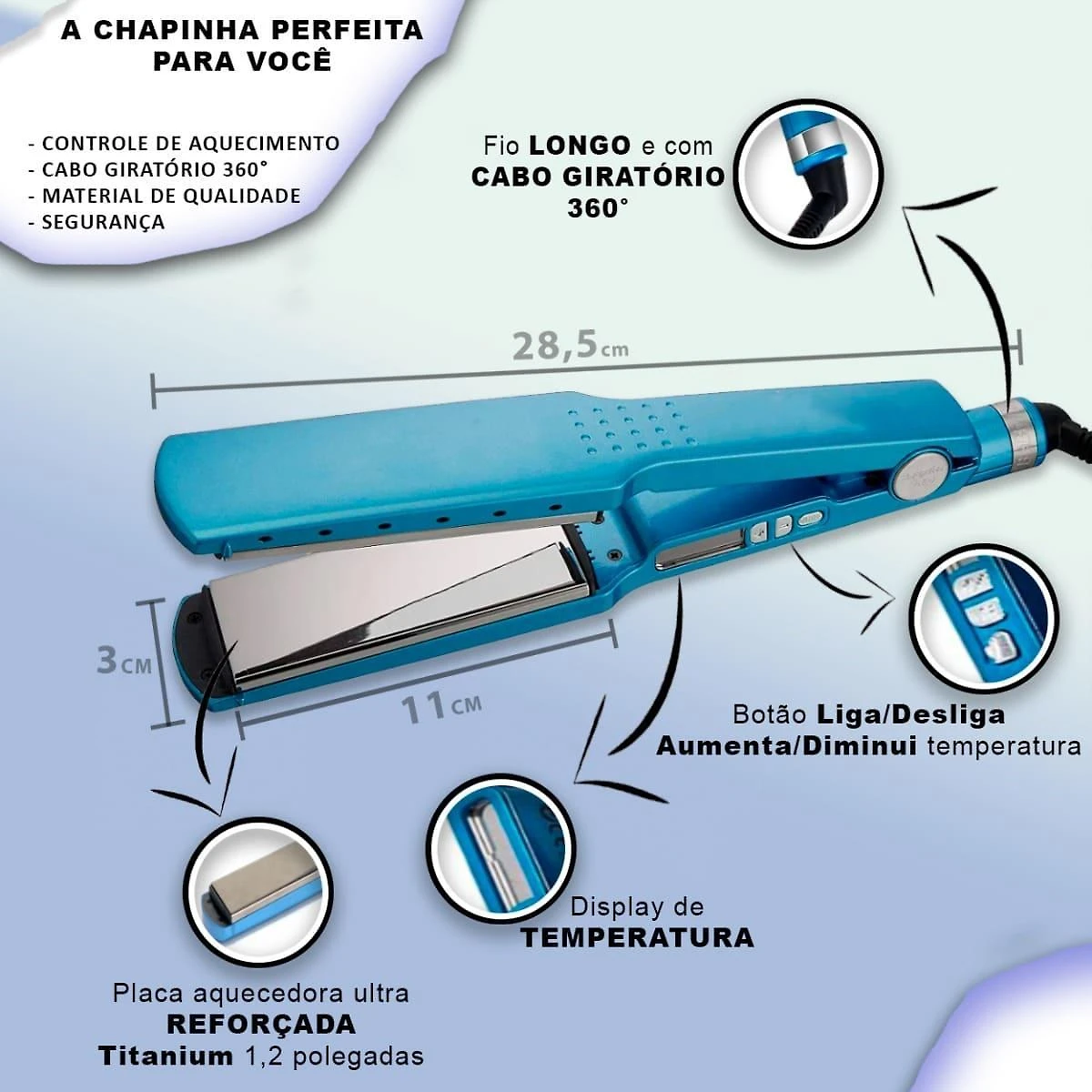 Miniatura Chapinha Cabelo Nano Titanium Azul 110V/220V, Resultados