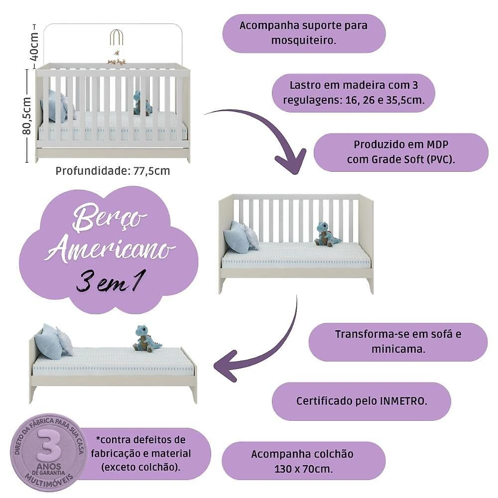 Quarto De Bebê Completo Berço Americano 3 Em 1 Colchão Allegra Multimóveis MP4602 Branco-off White