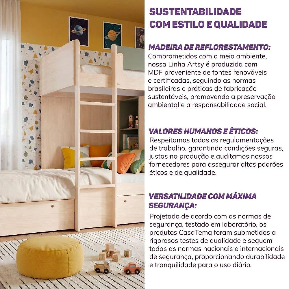 Bicama Alta com Guarda Roupa e Nichos Artsy Casatema MadeiraOriginals Natural/Verde