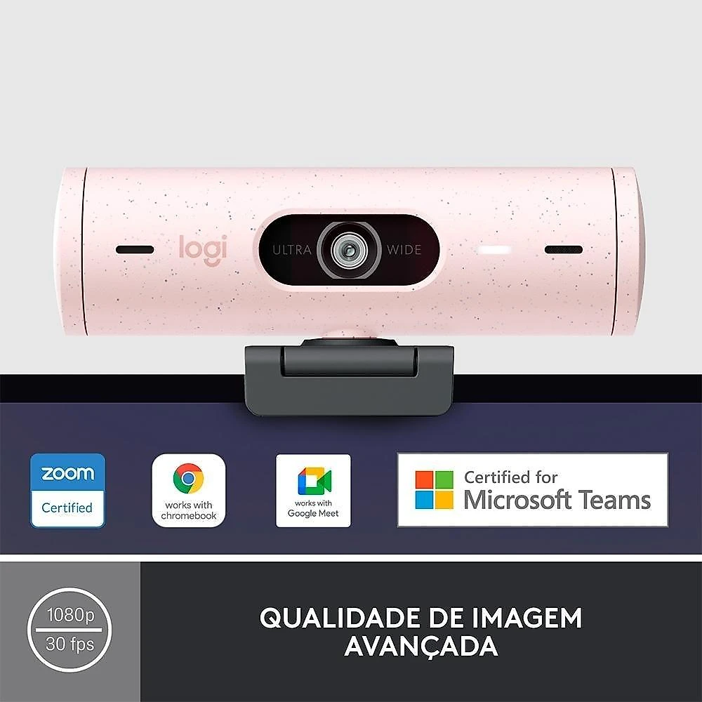 Webcam + Suporte Logitech Brio 500 Full HD, 1080p, 30 FPS, com Microfones Duplos, USB, Suporte Incluso, Rosa - 960-001418
