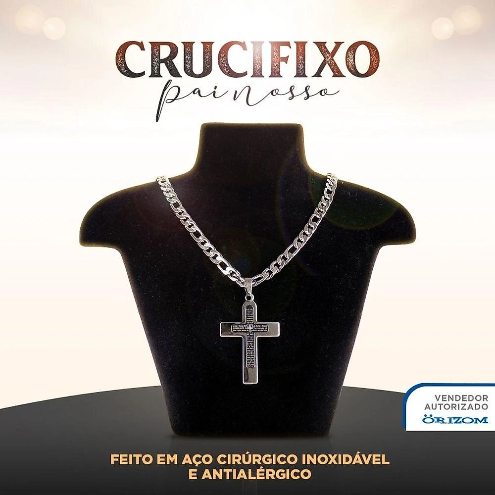 Kit Cordão com Pingente e Pulseira Orizom Aço Inox Prata Pai Nosso Crucifixo Masculino