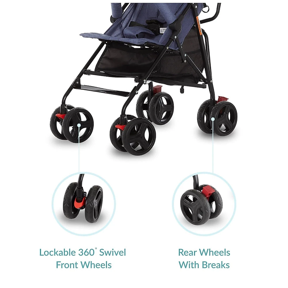 Carrinho de Bebê Dream On Me Vista Moonwalk Azul, Leve e Compacto, Reclinável em Diversas Posições, Capota, Amplo Cesto e Suporte para Bebidas