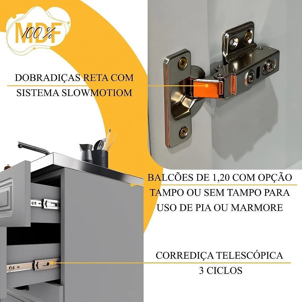 Combo de Cozinha Amoudi 3 Portas 2 Gavetas MDF 120CM Titânio Fosco Amoudi Móveis