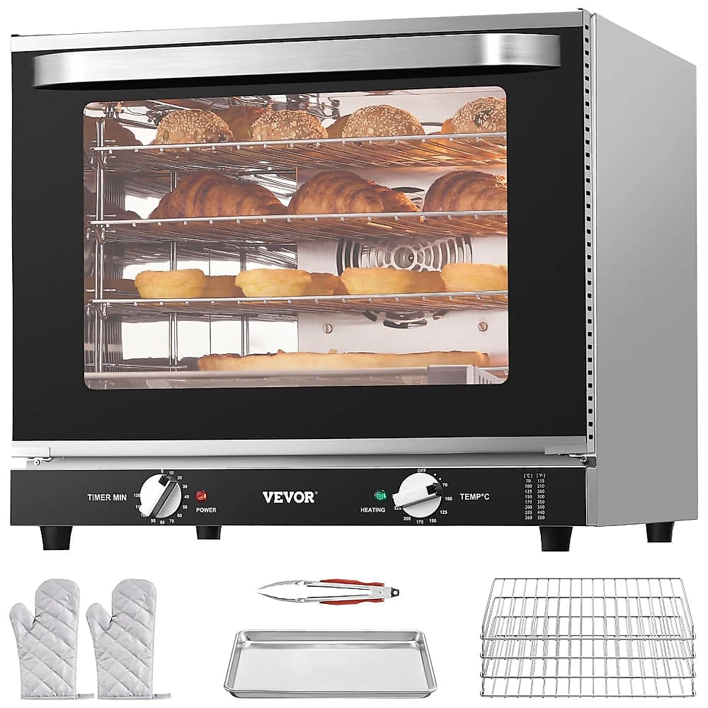 Forno de Bancada Comercial VEVOR, 66 Litros 4 Camadas, Porta de Vidro Temperado, Estantes de Arame, Bandeja de Clip, Luvas, Forno Elétrico Inox