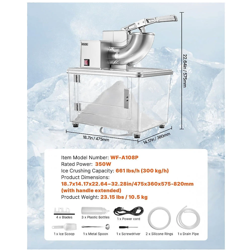 Máquina de Raspadinha Slush VEVOR WF-A108S 300 kg/h 4 Lâminas Inox Caixa 50L 110V