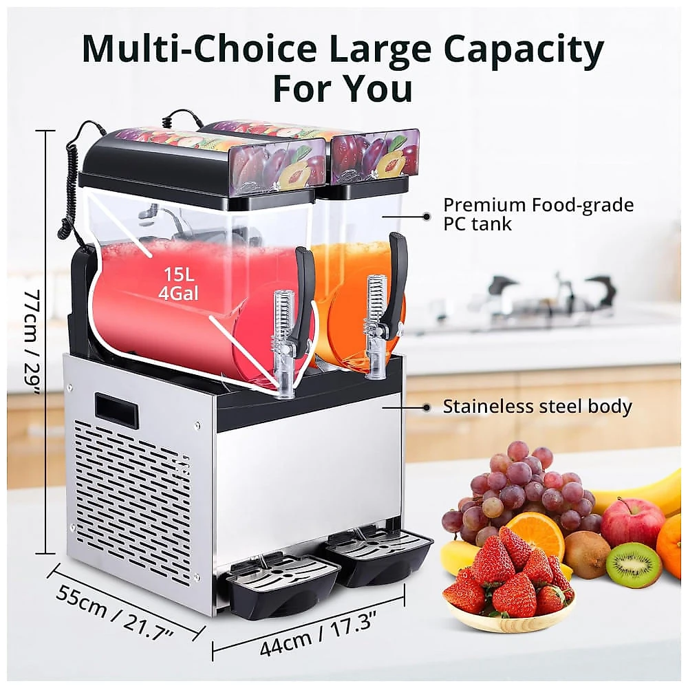 Máquina de Slush Raspadinha Garvee 15Lx2 Comercial Frozen Drinks Duplo Tanque Inox Auto Limpeza 700W