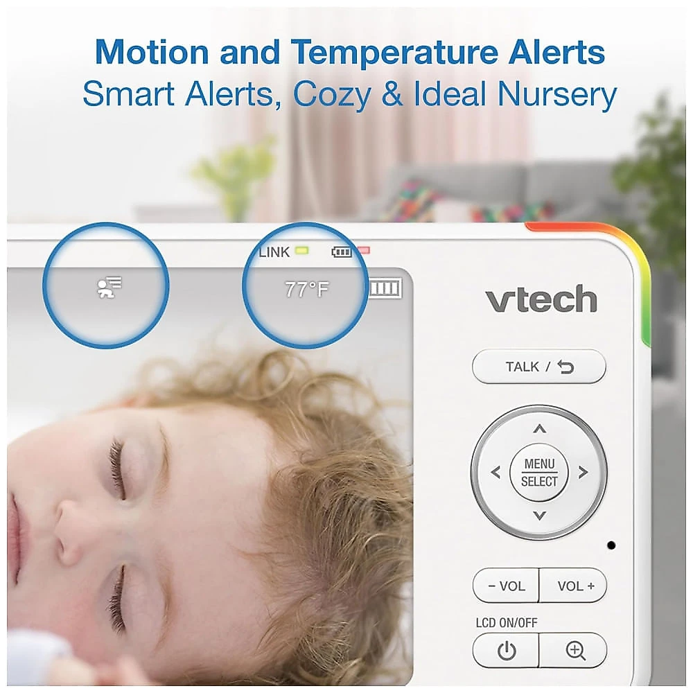 Babá Eletrônica para Bebê VTech 13 cm IPS 720P com Câmera e Áudio, Giro, Inclinação, Zoom, Luz Noturna, Conversa Bidirecional, Canções de Ninar