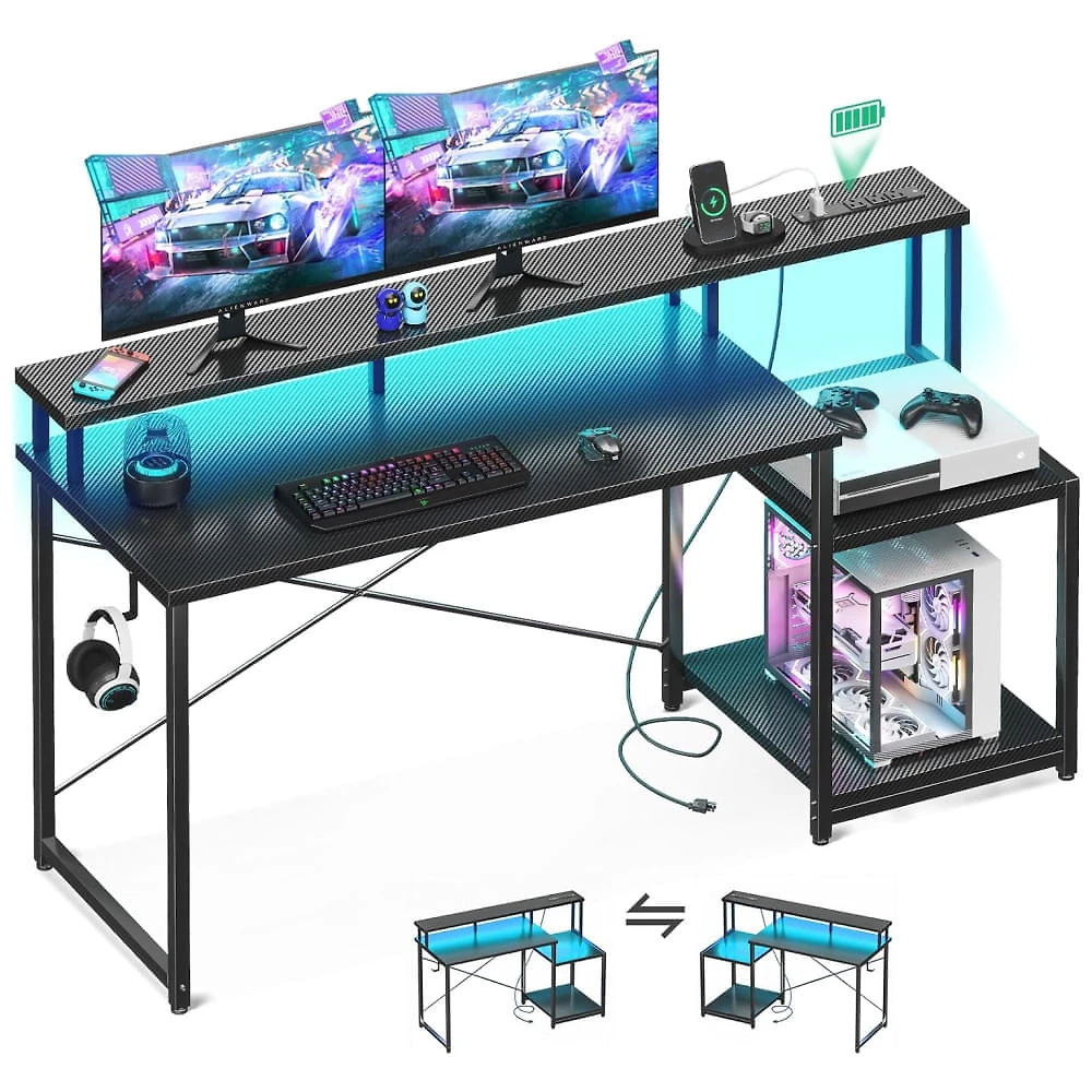 Mesa Gamer de Fibra de Carbono 56" 142 cm com Luz LED, Tomadas, Suporte para CPU, Gancho para Fone de Ouvido e Suporte para Monitor , 110V, AODK,