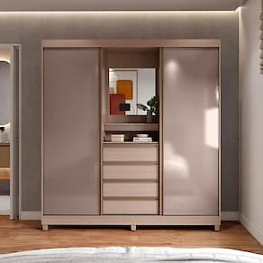Miniatura Guarda-Roupa Casal Bartira Fortaleza II 2 Portas de Correr 4 Gavetas Externas 1 Espelho Fixo MDP - 184,5cm de Largura Avelã/Capuccino