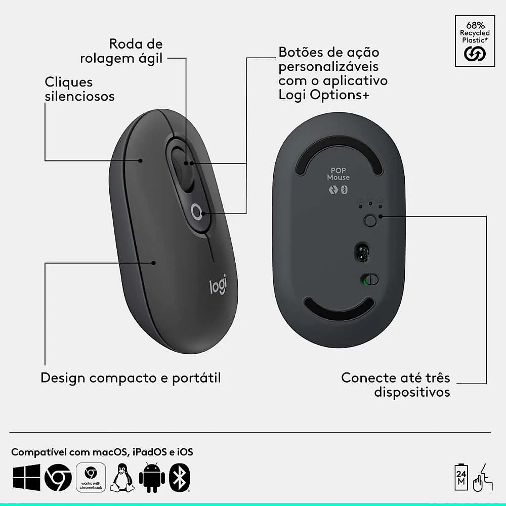 Teclado e Mouse Pop Icon Sem Fio Silencioso Easy-Switch Logitech